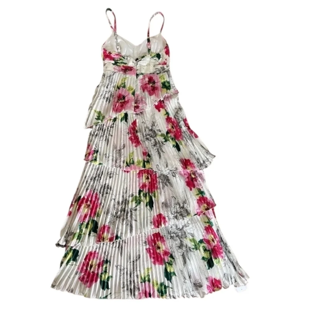 Abercrombie & Fitch Giselle Pleated Tiered Maxi Dress Satin White Floral Sz LP